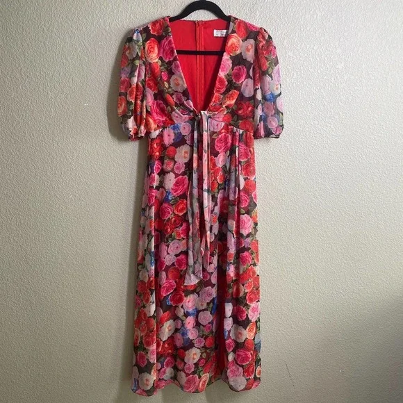 Ieena for MacDuggal 4 Puff Sleeve Shift Dress Red Floral Side Slit V Neck - Picture 2 of 9